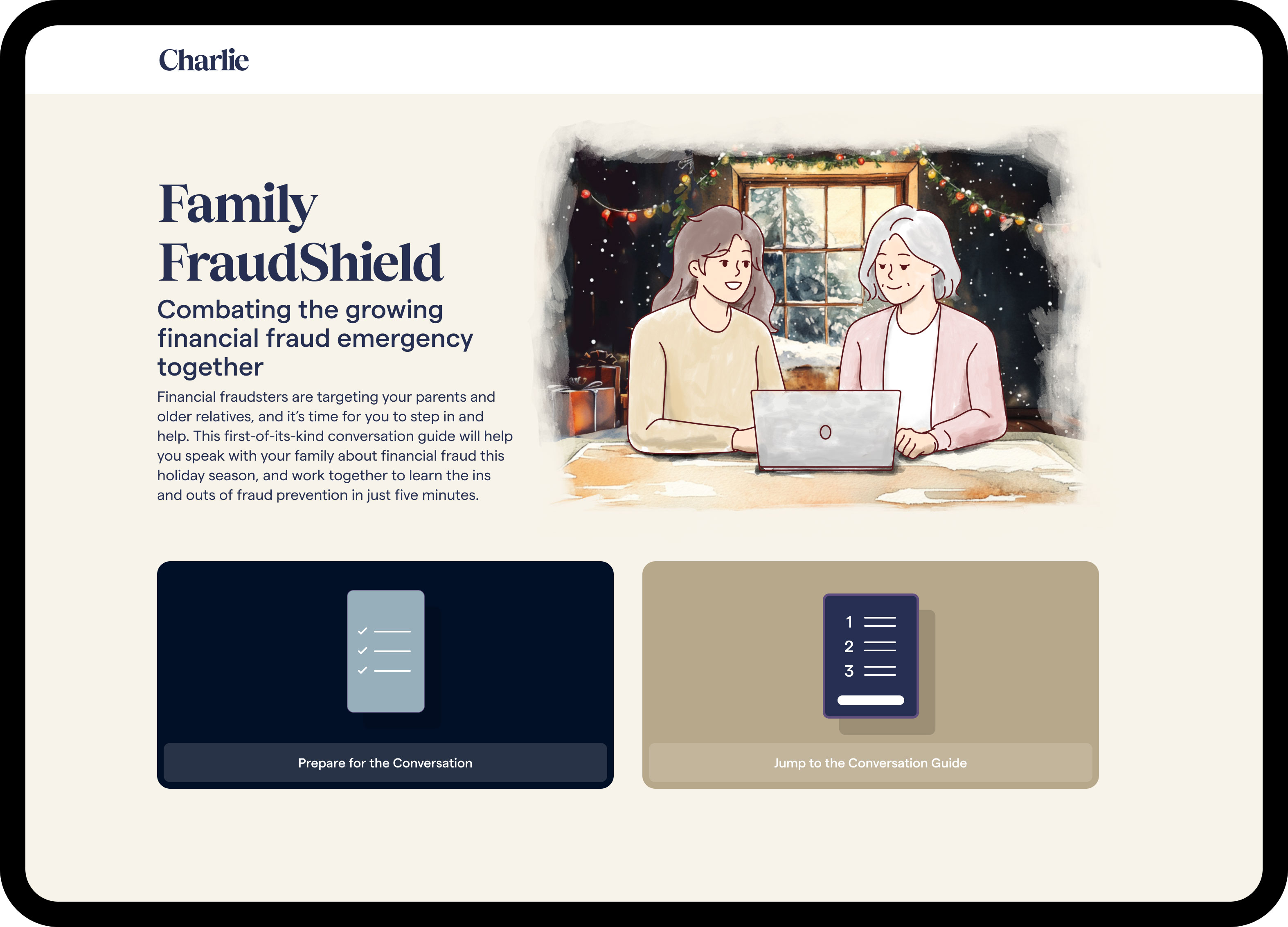 Charlie, the Bank for 62+ Americans, Releases Family FraudShield: A Free, Virtual Conversation Guide to Help Americans Talk with Their Older Relatives About Financial Fraud This Holiday Season